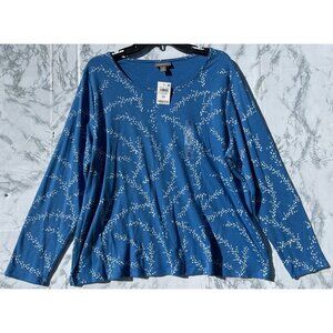Style & Co Womens 2X Long Sleeve Dotted Blue Top Lightweight Cotton Blend